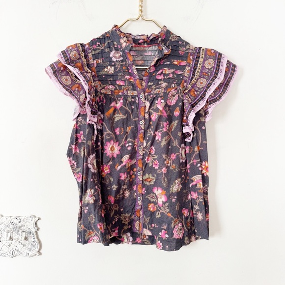 Sundance Marcleine Ruffle shoulder Blouse Gray and Pink Floral Bird Print M - Picture 3 of 9